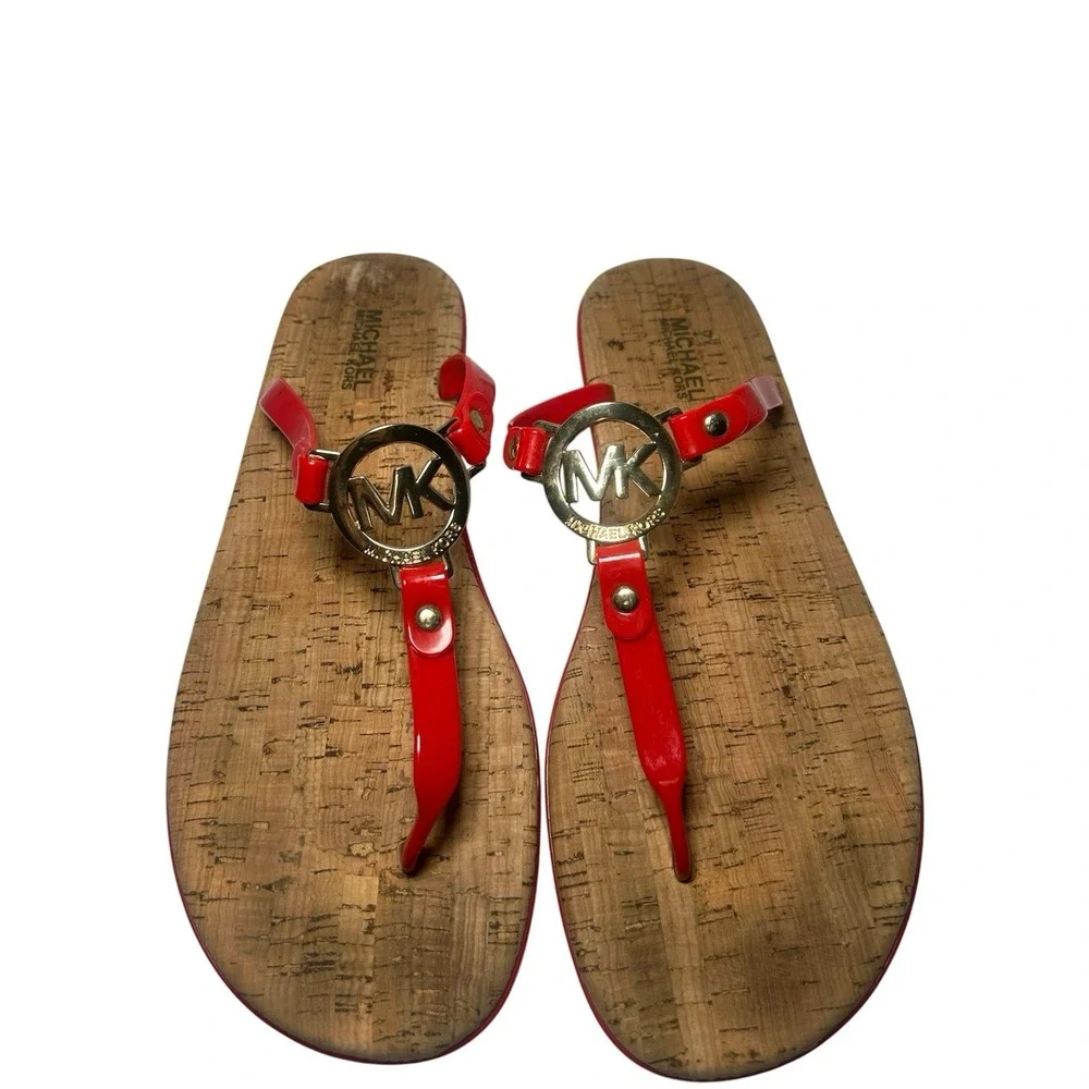 Michael Kors‎ Charm Jelly Women Thong Sandals Red Gold MK Logo Cork PVC Sz 11